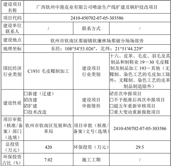 投资420万!钦州中港皮业喷涂生产线扩建等项目公示中!